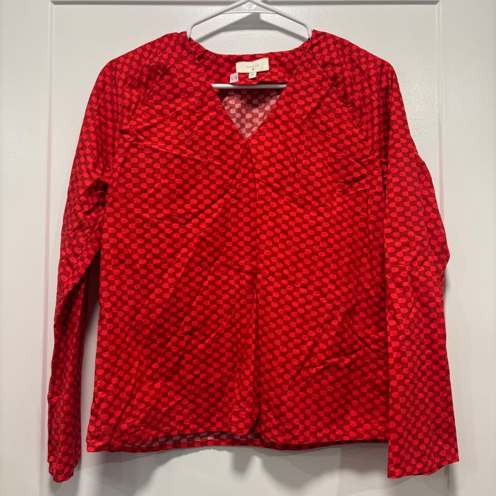 Rareism Somkyu-T Red Geometric Pattern V-Neck Cotton Long Sleeve Top XS